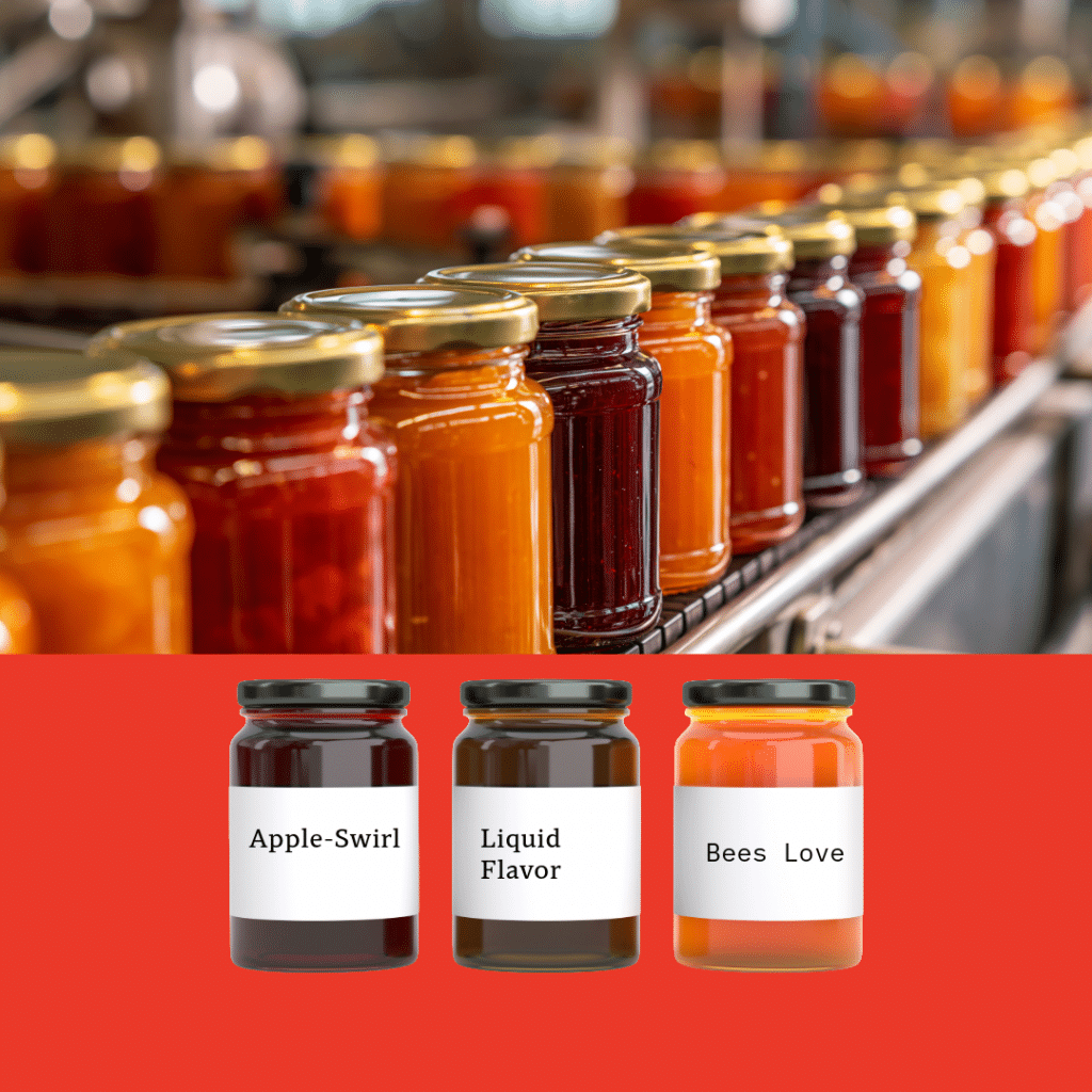 A factory conveyor belt filled with colorful glass jars of jam, paired with three labeled jars in a Book Review: The Art of Choosing context.