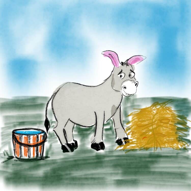 A friendly cartoon donkey stands in a green field next to a bucket of water and a pile of hay under a bright blue sky.
