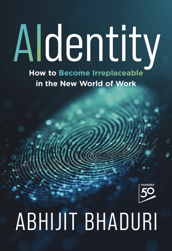 The book cover of AIdentity by Abhijit Bhaduri, featuring a glowing digital fingerprint on a dark background, perfect for your home office library.