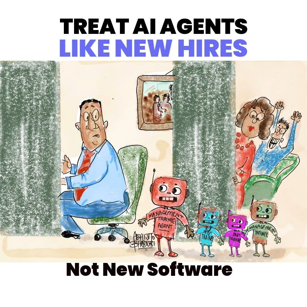 A cartoon depicting a man at a desk, surprised by AI agents labeled as trainees, with a family watching.