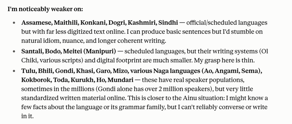 A bulleted list explaining the author's limitations with various regional languages, highlighting The One Thing AI Can't Learn: Why Human Identity Beats Skills.