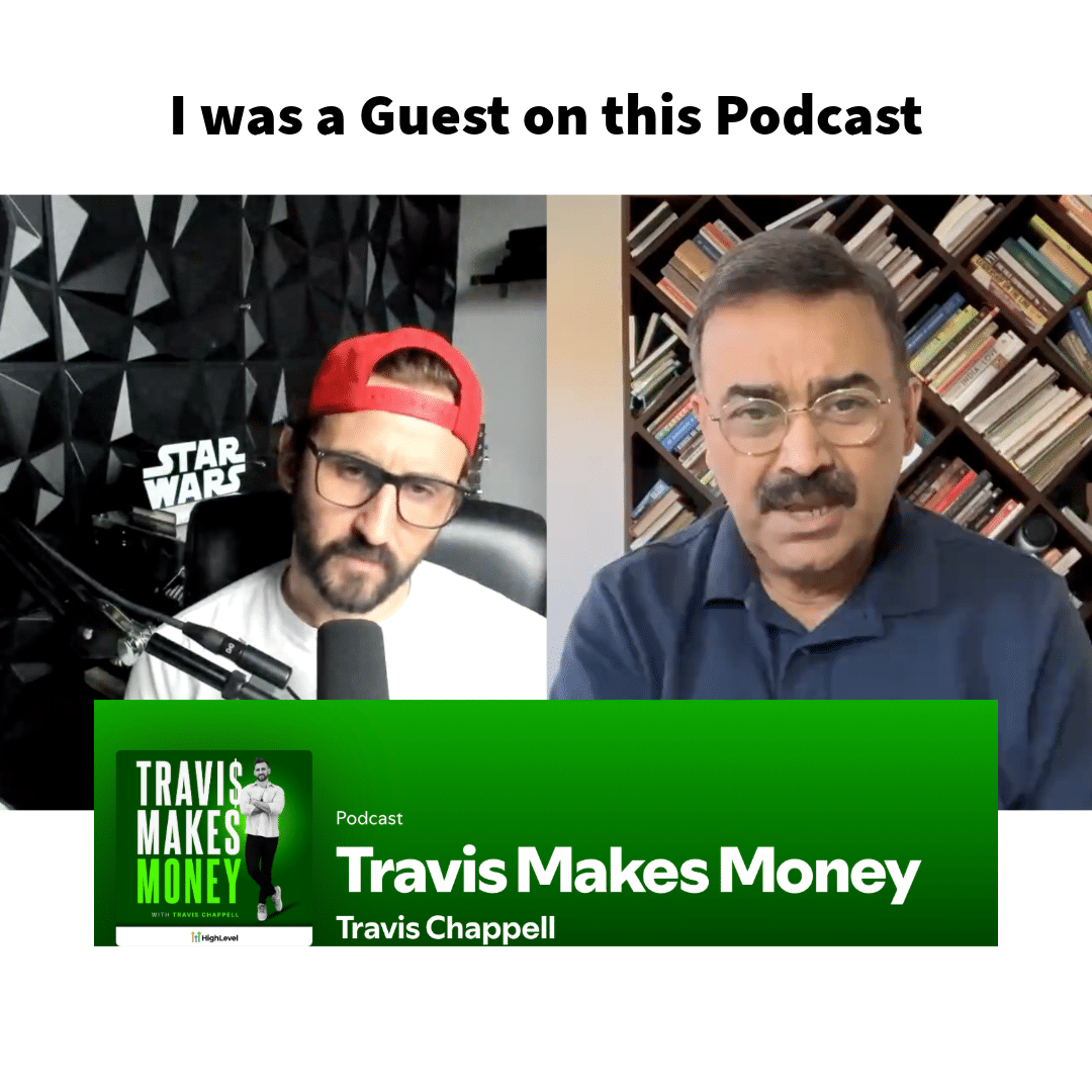 A split-screen video call featuring Travis Chappell and a guest, promoting an Interview: Make Money by Building a Career that AI Can't Define for You.