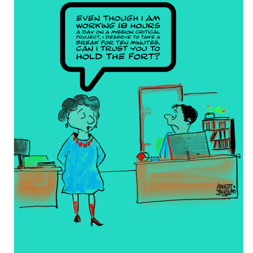 A cartoon of a woman asking a colleague to cover her desk for ten minutes after working long hours, reflecting why is Loud Working the work norm.