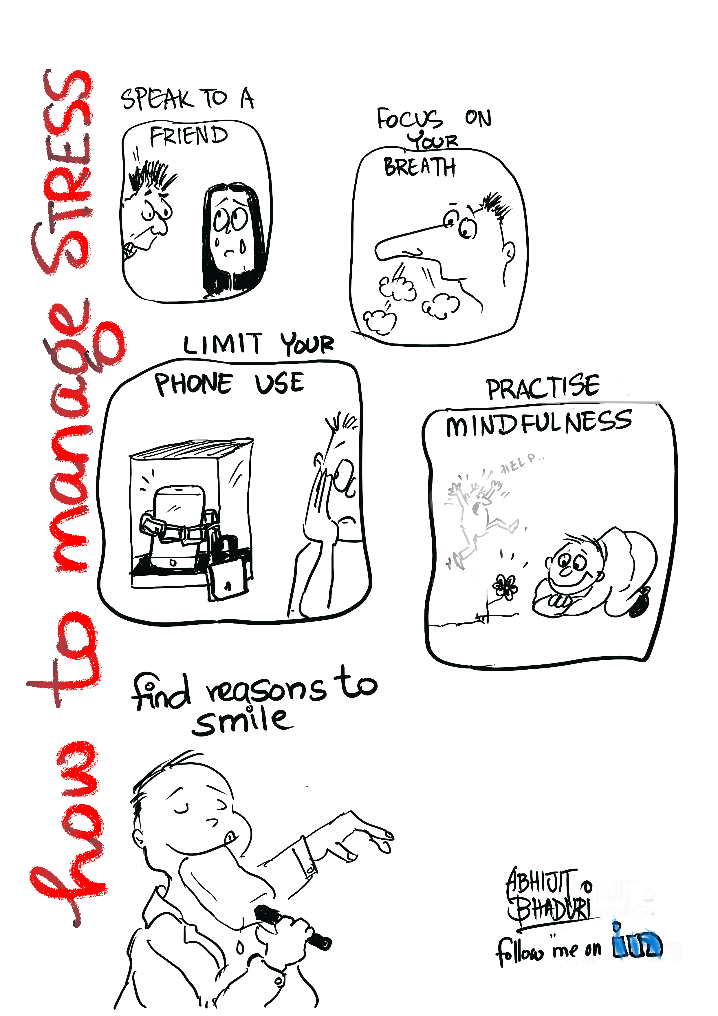 A hand-drawn cartoon illustrating stress management secrets your teachers forgot to mention, featuring tips like breathing and limiting phone use.