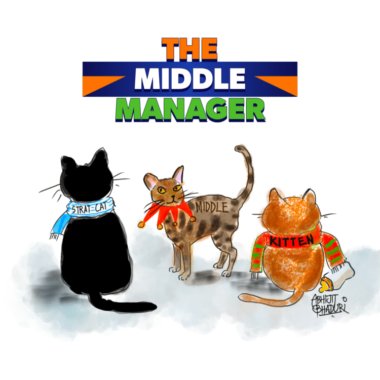 A cartoon illustration showing three cats labeled Strat-Cat, Middle, and Kitten, highlighting why AI brought middle managers back to the workplace.